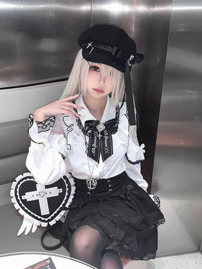 Jirai Kei Heart Backpack with Wings & Cross PU Leather in Black / Light Blue / Pink