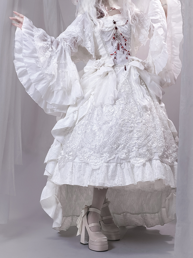 Champagne Detachable Bowknot Lily of the Valley Embroidery High Block Heel Platform Mary Janes