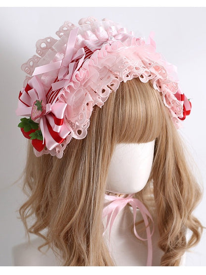 Pink/Red Sweet Lolita Strawberry Decorated Striped Pattern Bowknot Details Ruffled Hairband