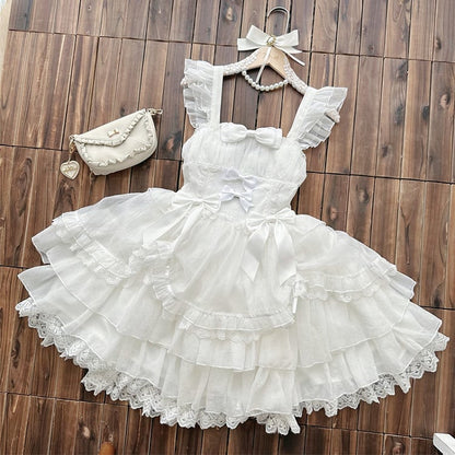 White Drawstring Overlay Tiered Skirt Princess Lolita Shiro Dress