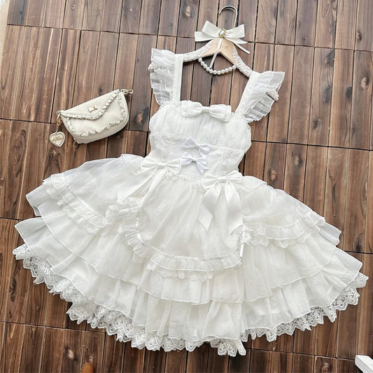 White Drawstring Overlay Tiered Skirt Princess Lolita Shiro Dress
