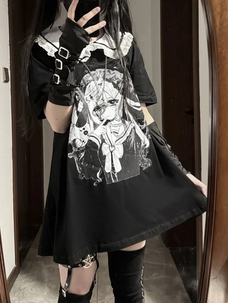 Anime Girl Print Peter Pan Collar Black Jirai Kei T-shirt