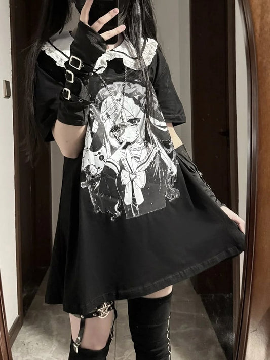 Anime Girl Print Peter Pan Collar Black Jirai Kei T-shirt