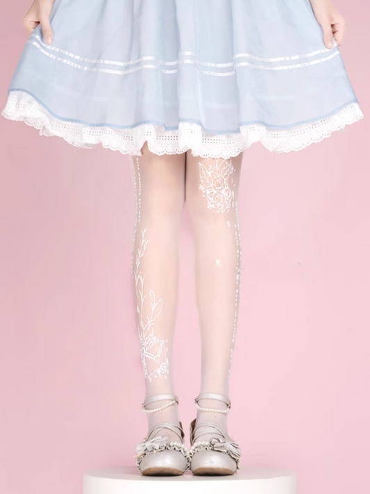 White Semi-sheer Rosette Print Lolita Tights