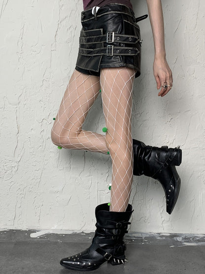White Y2K Cut-out Design Fishnet Tights With Green Pompons