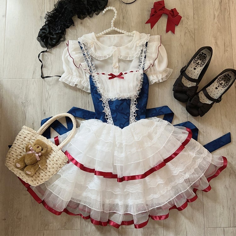 Dark Blue Bows Print Basque Waist Snow White Balletcore Lolita Jumper Skirt
