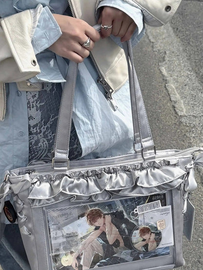 Silver Satin Ruffle Trims Self-tie Straps Ita Bag With Bow Card Holder