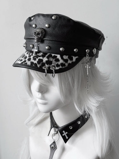 Y2K Gyaru Fashion Leopard PU Cross Charm Punk Studded Hat