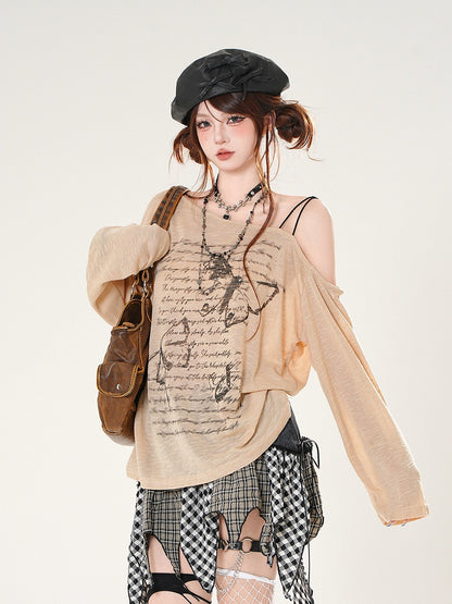 Butterfly Print Asymmetrical Neckline Khaki/White Semi-sheer Coverup