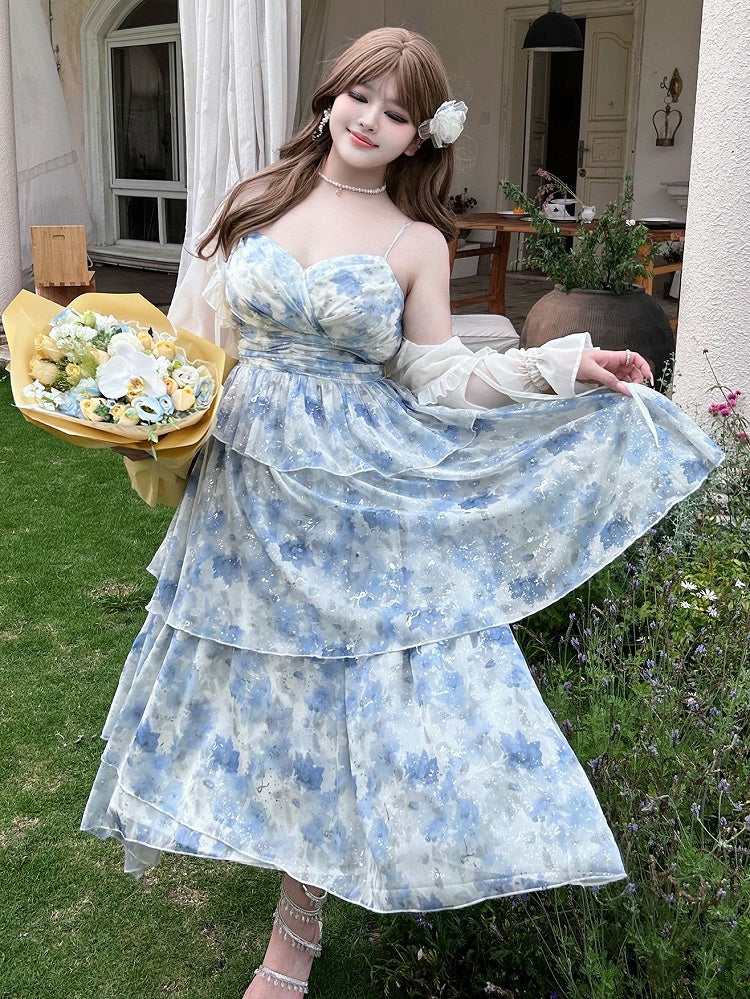 Plus Size Blue High Waist Floral Summer Holiday Dress