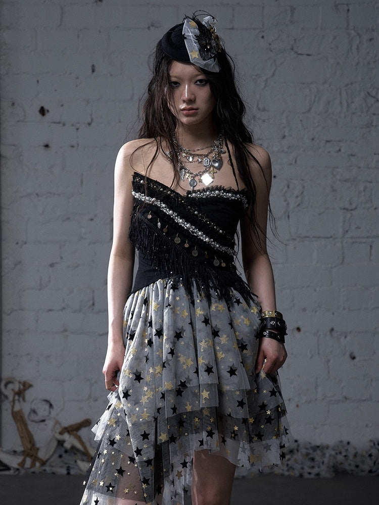 Baroque Bead Details Fringe Hem Black/White Crossover Design Strapless Top