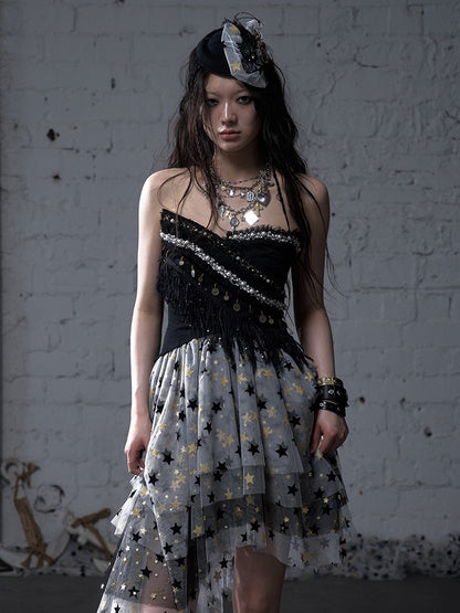 Baroque Bead Details Fringe Hem Black/White Crossover Design Strapless Top