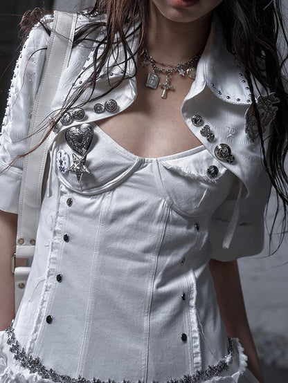 Black/White Pointed Flat Collar Studs and Metal Buttons Open Placket Navycore Top