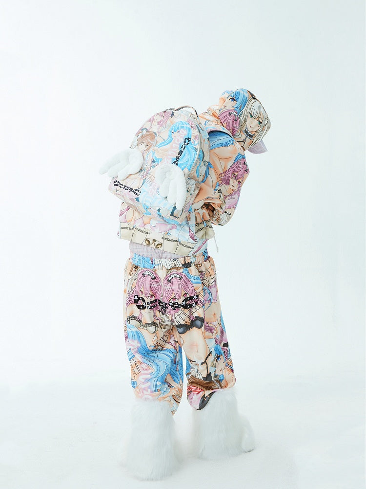 Colorful Cartoon Print PU Backpack with Angel Wings