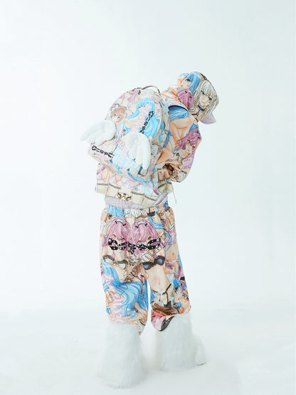 Colorful Cartoon Print PU Backpack with Angel Wings