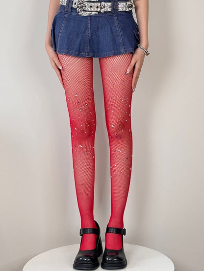Black/White/Brown/Red Y2K Rhinestone Decorated Fishnet Design Tights