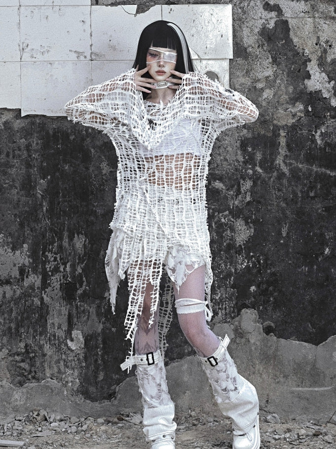 White Bell Sleeves Irregular Distressed Hallow Out Top