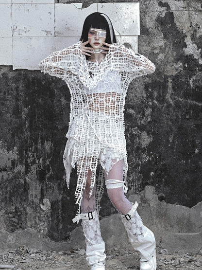 White Bell Sleeves Irregular Distressed Hallow Out Top