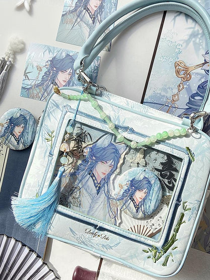 Light Blue Bamboo Leaf Pattern Cheongsam Style Ita Shoulder Bag with Detachable Beaded Chain