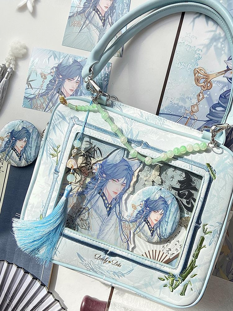 Light Blue Bamboo Leaf Pattern Cheongsam Style Ita Shoulder Bag with Detachable Beaded Chain