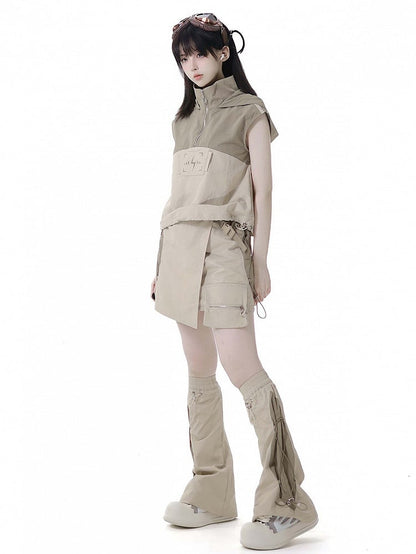 Khaki Colorblock Design Drawstring Hem Techwear Hooded Tank Top