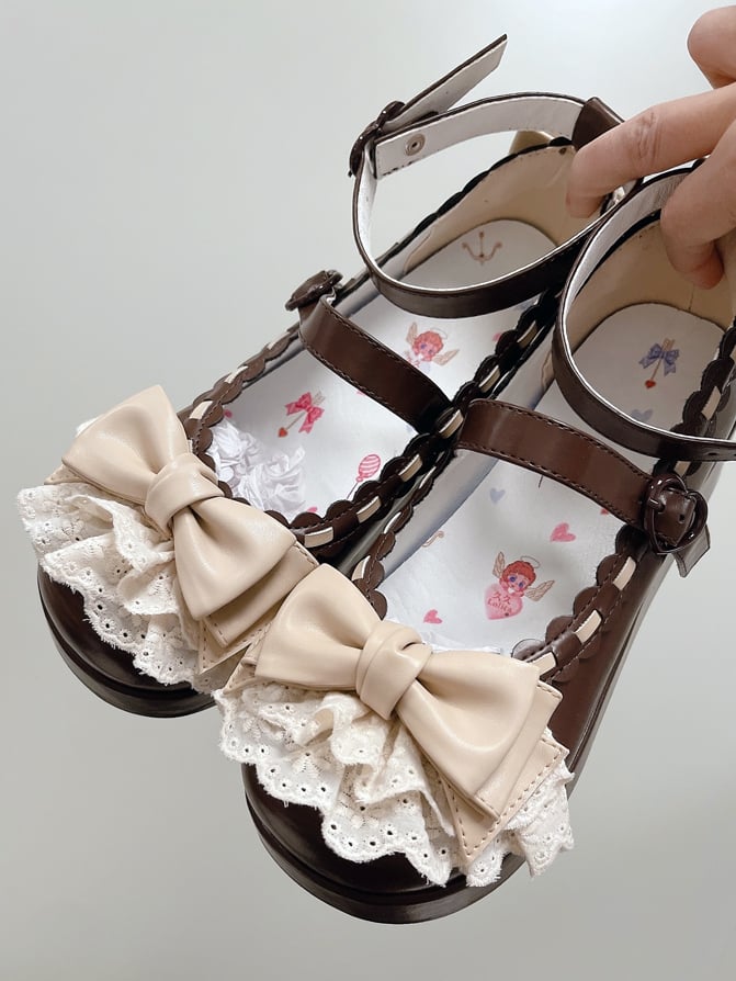 Chocolate Brown Bow at Top Lace Trim Heart Buckles Platforms