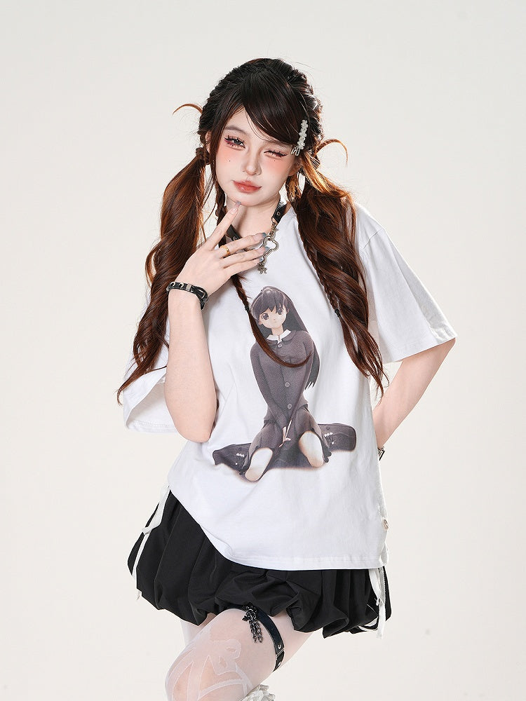 Anime Girl Print White Round Neck Loose T-shirt