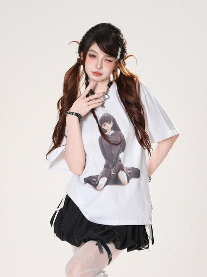 Anime Girl Print White Round Neck Loose T-shirt
