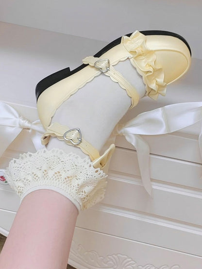 Yellow Ruffles Trim Bowknot Decorated Heart Buckles Lolita Shoes
