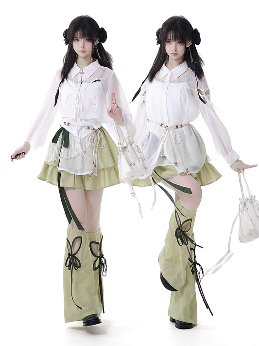 Green Cheongsam Style Elastic Waist Tiered Skirt with Waist Belt