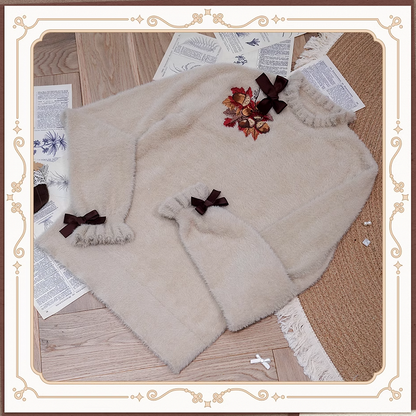 Maple Leaf Embroidery Neckline Bowknot on Cuffs Khaki Autumn Knit Top