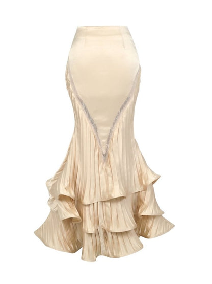 Pleated Design Layered Flowing Flounce Hem Light Beige Mermaid Skirt