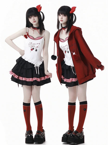 Black & Red Plaid Tiered Skirt with Ruffled Hem