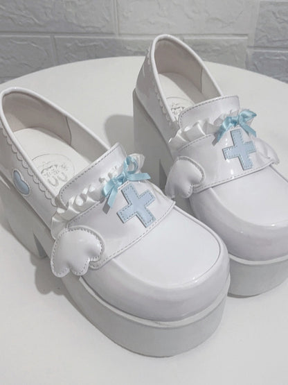Tenshi Kaiwai Light Blue Yami Kawaii Cross Bowknot Platform Loafers
