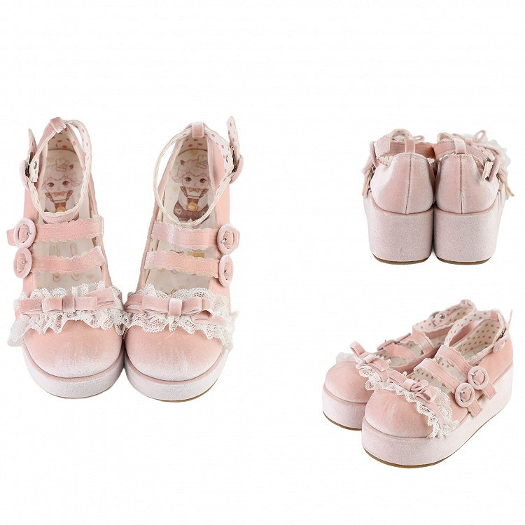 Lace Trim Bowknot at Top Velvet Pink Buckle Straps Platforms