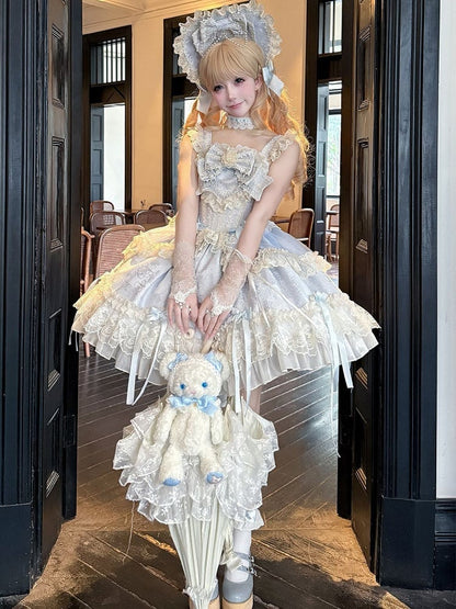 Blue Jacquard Fabric Sweet Bow Accents Dress Lolita Jumper Skirt