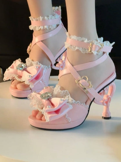 Pink Hime Gyaru Shoes Magical Girl Bow at Top Heart-shaped High Heels Sandals