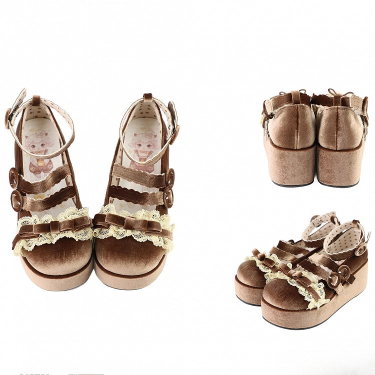 Lace Trim Bowknot at Top Velvet Dark Brown Buckle Straps Platforms