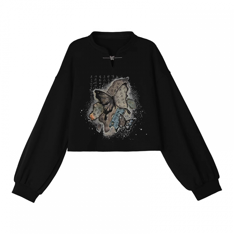 Cheongsam Style Butterfly Print Black/Apricot Banded Collar Sweatshirt