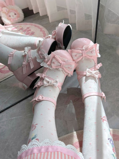 Sweet Sakura Pink Lolita Mid Heels - PU Leather with Crisscross Straps & Heart-Shaped Snap Closure
