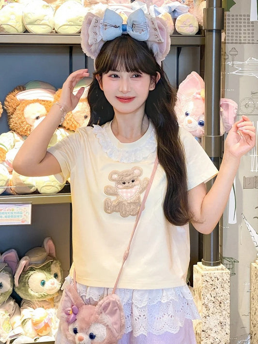 Plush Bear Applique Apricot Lace Trim Neckline T-shirt