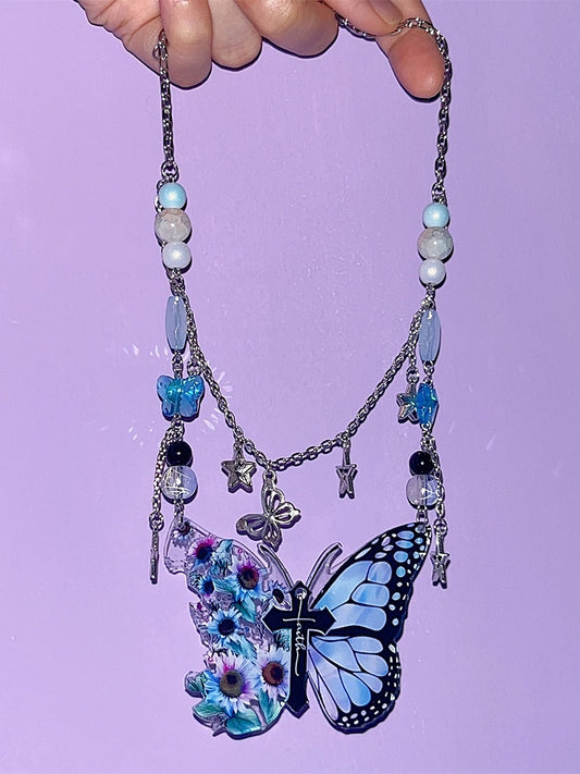 Blue Y2K Cross Decorated Butterfly Pendant Necklace