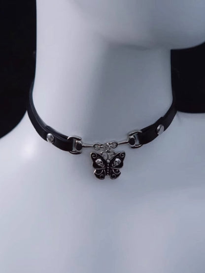 Gothic Skull Butterfly Pendant Black PU Choker