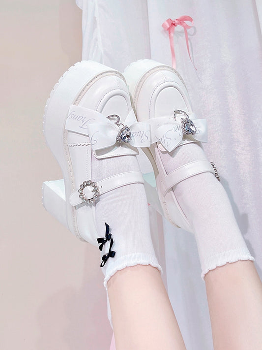 Jirai Kei Rhinestones Bow Clips White Chunky Heels Landmine Style Platforms