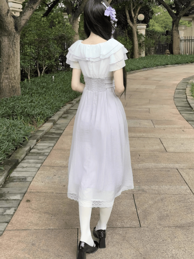Jirai Kei Lavender Heart Buckles Waist Tiered Flounce Hem Neckline Long Version Dress with Bowtie