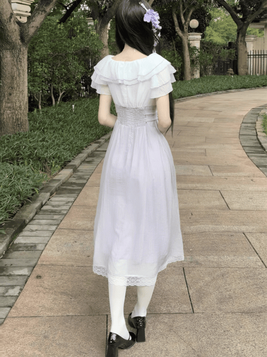 Jirai Kei Lavender Heart Buckles Waist Tiered Flounce Hem Neckline Long Version Dress with Bowtie