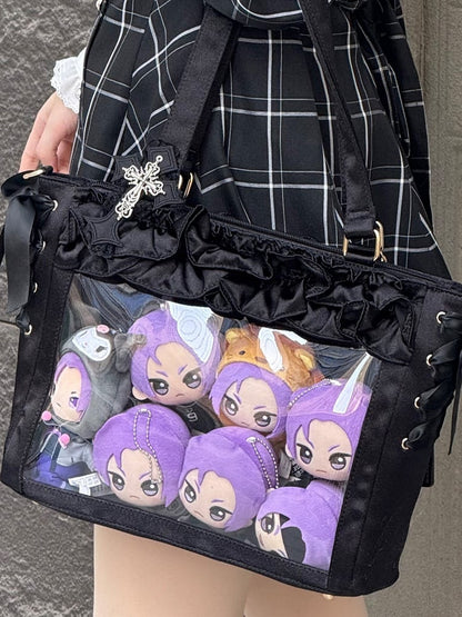 Black Satin Ruffle Trims Self-tie Straps Ita Bag With Bow Card Holder