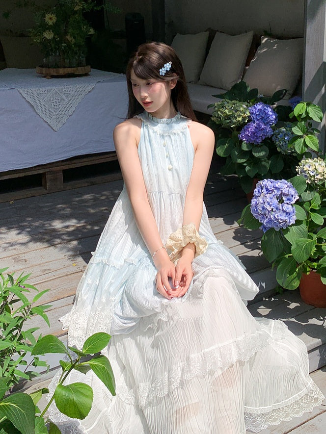 Light Blue Ruffled Halter Neck Bead Buttons Sleeveless Dress Bubble Skirt