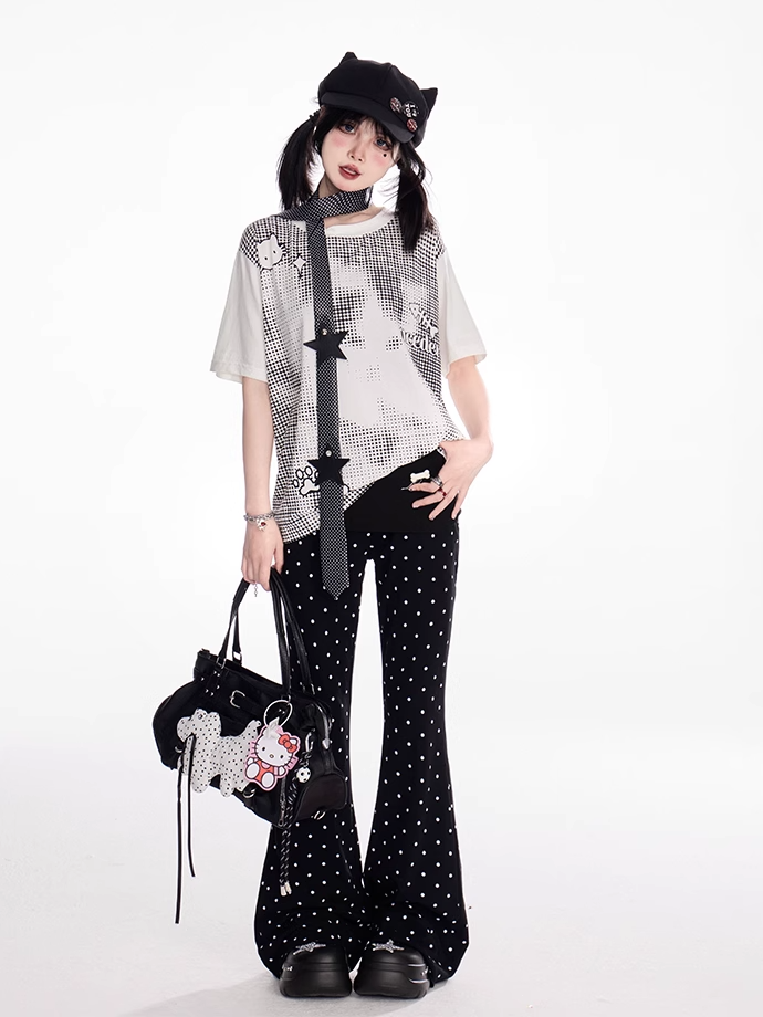 Black Polka Dot Elastic Waist Slim-fitting Flared Casual Pants