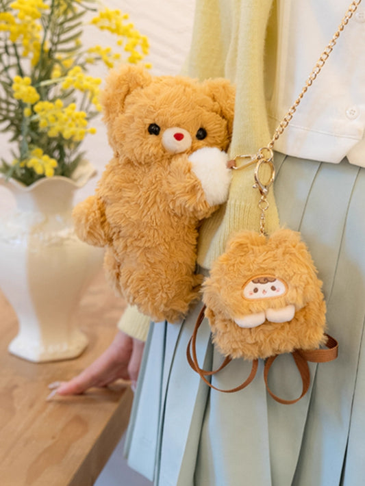 Dark Yellow Bear Plush Backpack Crossbody Bag + Plush Bear Backpack Keychain Small/Middle/Large Size